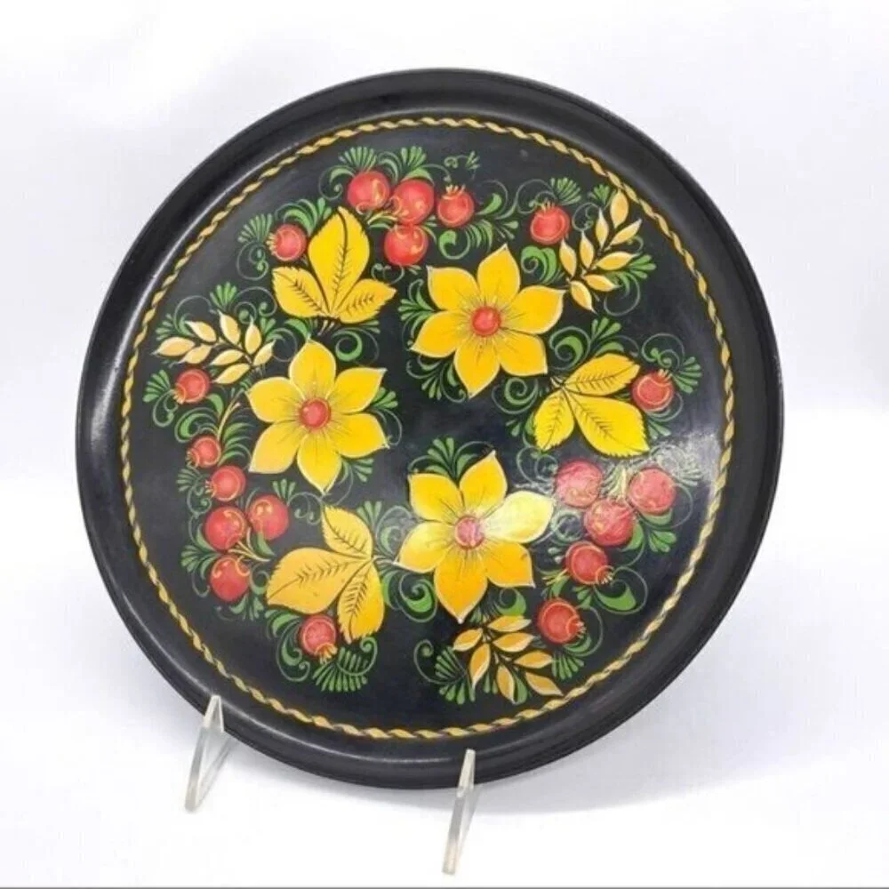 Vintage Russian Lacquerware Hand Painted Red and Gold Floral Plate